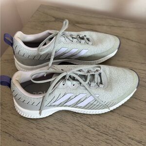 adidas Light Gray and White Golf Shoes with Purple Heel Tab